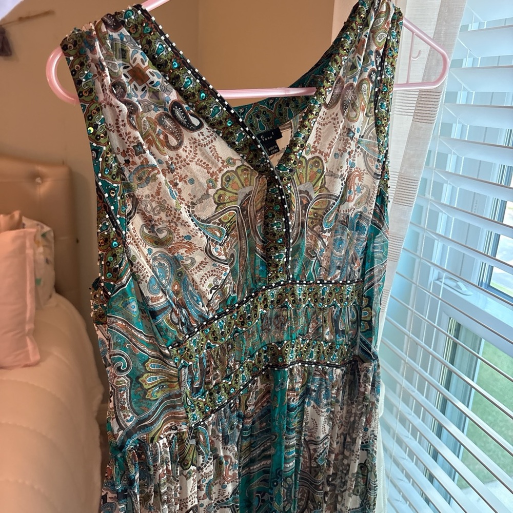 ECI New York Silk Beaded Paisley  Sleeveless Dress